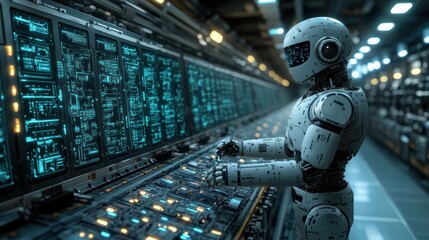 Robot operating futuristic control panel.