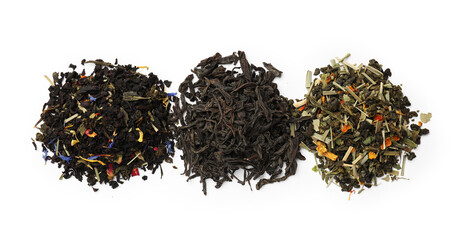 Different types of tea brew isolated on white, top view