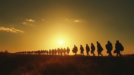 Naklejka premium Long line of refugees walking along railway tracks at sunset, illustrating migration and resilience