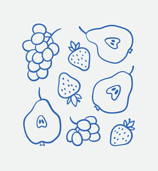 Hand-drawn fruits Illustration. Pear, strawberry, grape. Line art, ink, minimalist style. Vector illustration. Party collection.