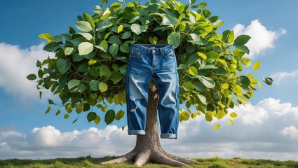 A whimsical tree with denim pants hanging from its branches under a clear blue sky, symbolizing sustainability and creativity