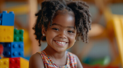 Little cute toddler girl playing with colourful puzzle  toys.,  Classroom kindergarten play preschooler preschool