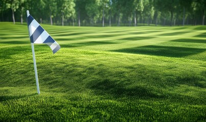 Obraz premium Golf course green flag, sunny day, forest background; website banner
