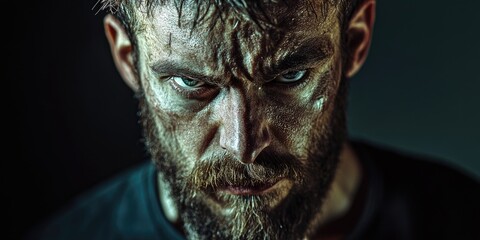 Several descriptions are possible based on the image, such as 'A man with a beard and stubble, looking intense and confident