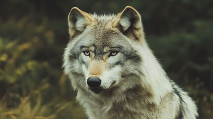 Fototapeta premium A wolf gazing into the distance with intense eyes, set against a backdrop of a dark sky, suggesting a sense of solitude and strength.
