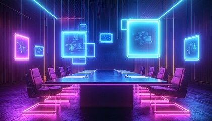 Augmented reality in a business meeting setting showcasing innovative technology and collaboration, emphasizing the future of virtual conferences in a modern business technology background.