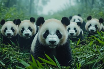 Obraz premium Group of pandas in a green bamboo forest