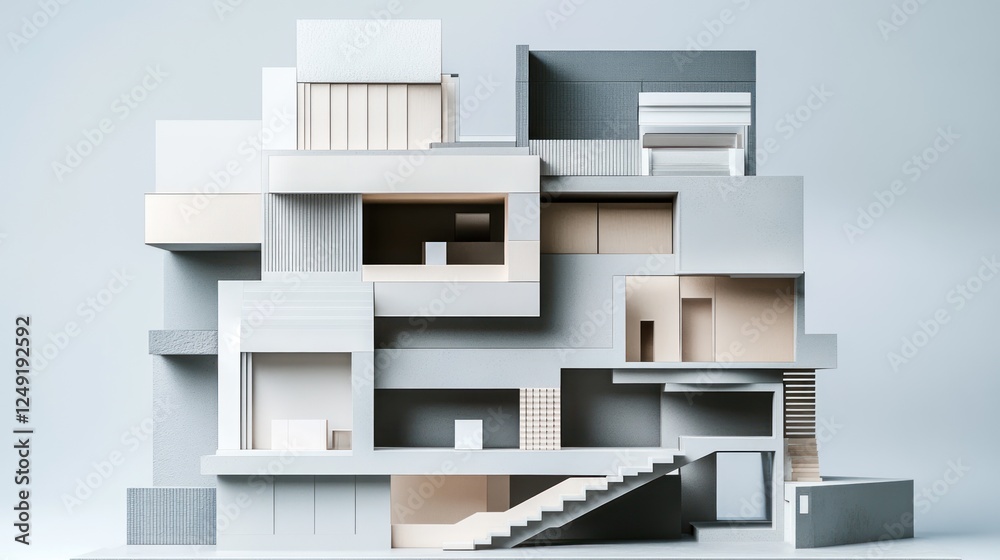 Poster abstract architectural model of a modern building with various shapes, levels, and entrances.