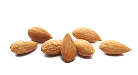 Close up apricot kernels isolated on white background, side view