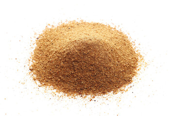 Pile milled nutmeg, powder isolated on white background and texture, top view