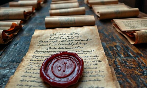 Vintage scrolls and a wax seal on aged parchment in a rustic setting