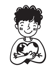 Minimalist Boy Embracing Heart-Shaped Planet Earth, Black and White Outline