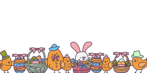 Vector Eastern banner of decorative  doodles Eastern eggs, rabbits, spring flowers and chickens