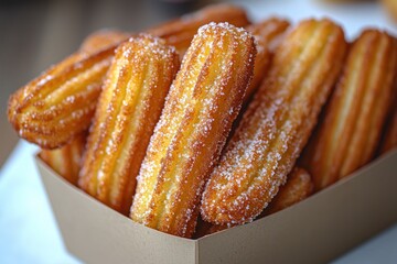 A close-up of golden, crispy churros dusted with sugar in a paper box