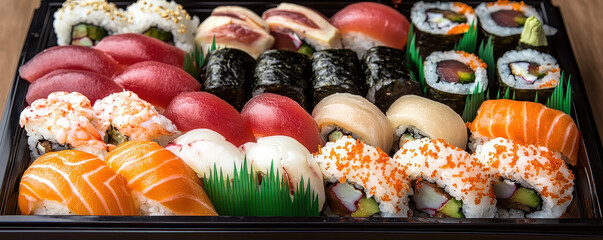 variety of sushi and sashimi on wooden table