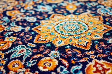 Fototapeta premium This vibrant Persian rug is a stunning example of traditional oriental artistry. The intricate design features a floral pattern in a rich palette of colors