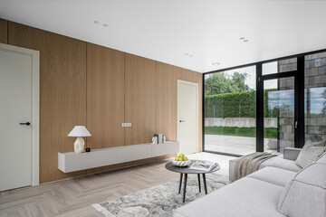 Modern luxury apartment interior in minimal scandinavian style, 3d rendering
