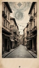 Naklejka premium Charming cobblestone street adorned with vintage lanterns in a quaint historical district at twilight