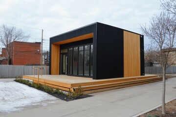 Fototapeta premium Modern architectural design of a sleek wooden structure in an urban setting during overcast weather showcases innovative building techniques and minimalist aesthetics