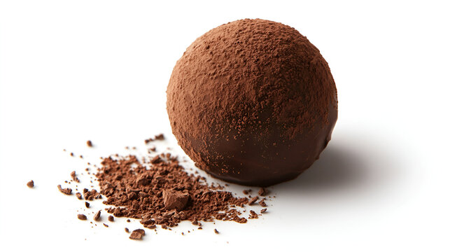 A delectable chocolate truffle, generously coated in cocoa powder, isolated on a pristine white background. Pure indulgence!