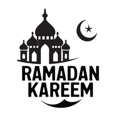 Ramadan Kareem Typography with Mosque Silhouette and Crescent Moon, Islamic Vector Illustration