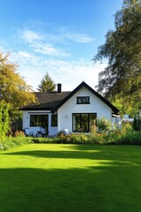 A charming white house is beautifully nestled amidst vibrant greenery and a stunning array of colorful flowers, all set in a sunny garden during the lovely mid-afternoon hours