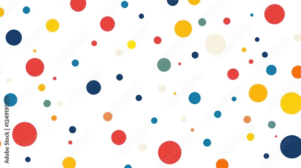 Poster Abstract background with colorful polka dots scattered on white.