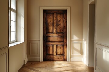 Rustic wooden door in a well-lit hallway with elegant decor and natural light