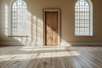 Obraz premium Bright, empty room with wooden door and large windows casting shadows