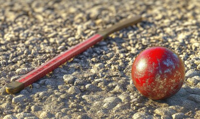 Red ball and stick on gravel; outdoor game equipment; sunlit background; sports concept