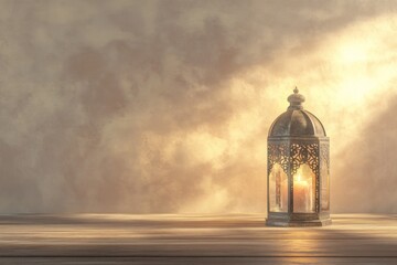 Glowing lantern on wood, smoky background, Ramadan © idharmaian