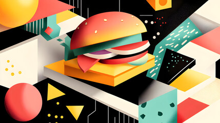 fast food meal with a fragmented burger, fries, and soda, arranged in overlapping angular shapes 