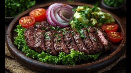 Sliced grilled steak with salad.