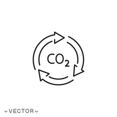 recycling co2 icon, offset or reduction emission, carbon circulation balance, thin line symbol concept isolated on white background, editable stroke eps 10 vector illustration