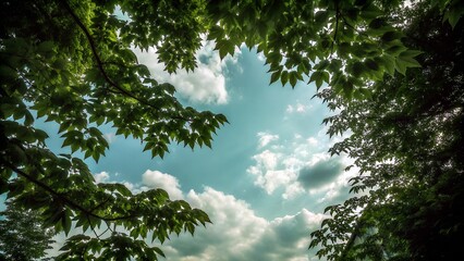 Looking Up Through Tree Canopy to Blue Sky with Clouds