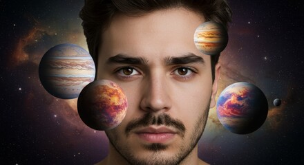 Man's face covered obstructed and surrounded by Planets Stars in Space, expressive astronomy science concept
