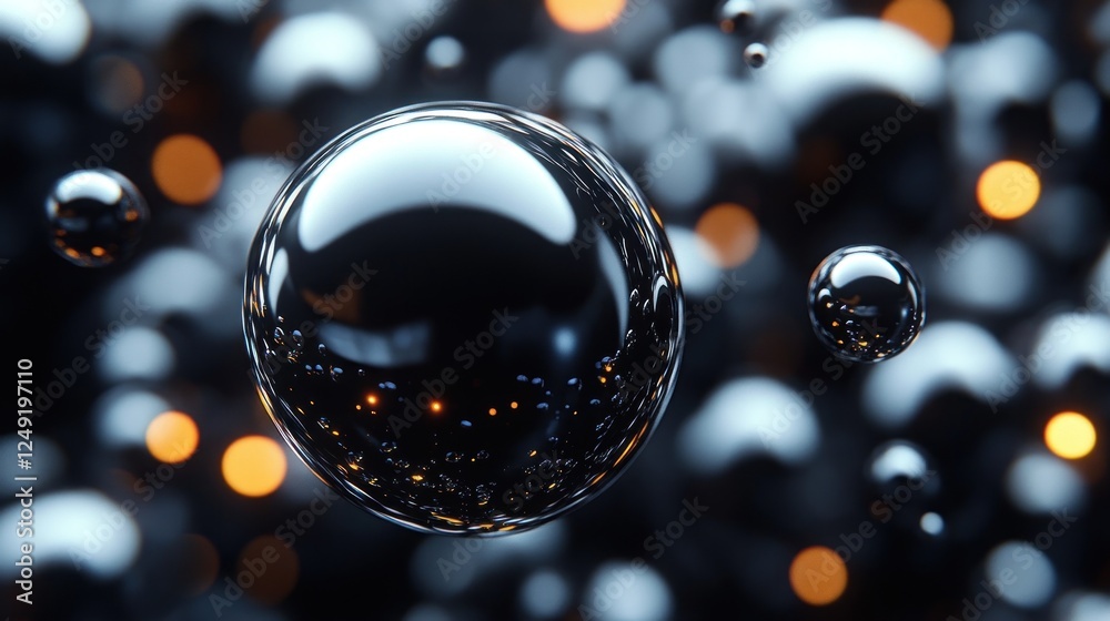 Aufkleber Abstract background with shiny chrome spheres and bokeh lights.