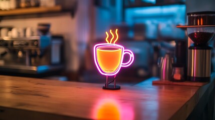 A coffee cup-shaped neon sign on a counter that is illuminated by pink and orange neon lights