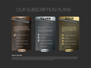 This image showcases three subscription plans: Bronze, Silver, and Gold, each with a distinct design and features list. The plans are arranged side by side to compare options easily.