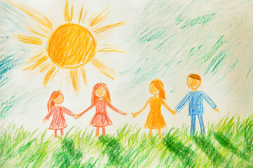 Fototapeta premium Hand drawn with colored pencils of a family and children holding hands in the grass, with the bright sun overhead.