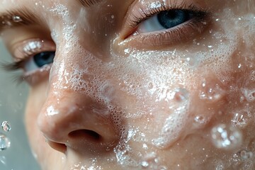 Close-up of a woman's face with washing foam