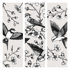 Hand-drawn spring bookmark design. Cherry blossom and flying bird sketch illustration. Japanese style template for printNOT AI generated