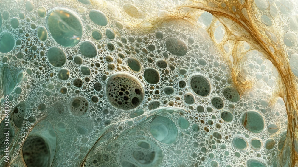 Leinwandbilder abstract background with teal and gold swirling patterns, resembling a porous structure or cellular 