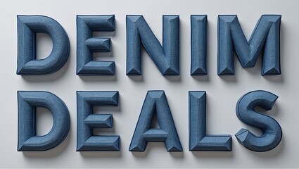Stylized text displaying the phrase 'Denim Deals' in a vibrant blue denim texture against a neutral background