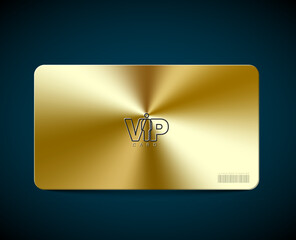 A luxurious gold VIP card featuring a sleek design with a luminous finish, barcode and place for yout content. The gold color and VIP label emphasize luxury and exclusivity twice.