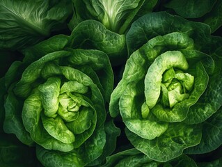 Fototapeta premium A vibrant pile of fresh lettuce leaves, showcasing their bright green color and crisp texture.