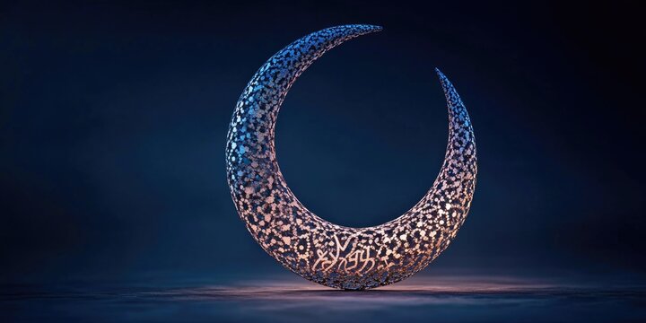 A large lit-up moon sculpture at night, illuminated with blue lights. The image conveys a sense of cultural symbolism and architectural beauty in the Islamic tradition.