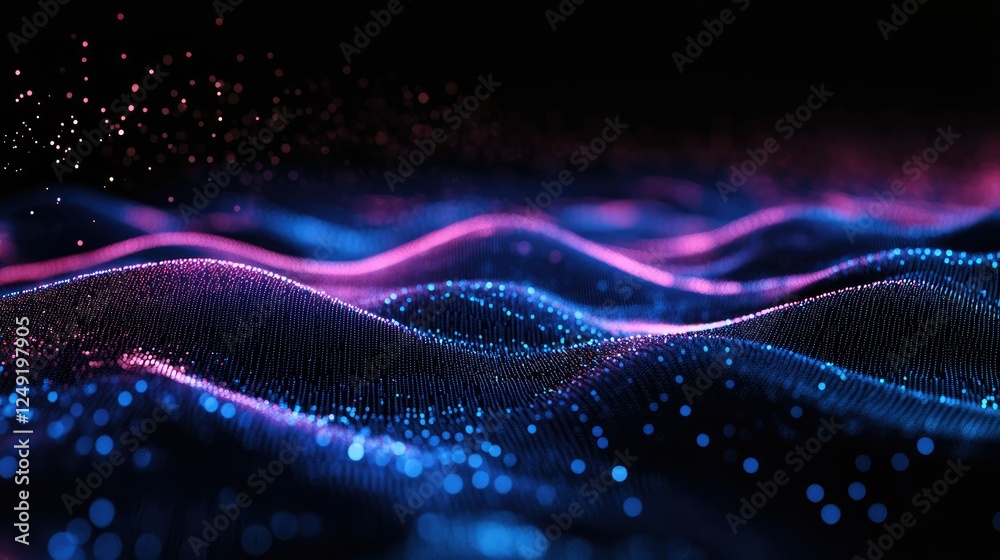 Fototapete wavy 3d patterns of colorful gradient dots in blue and purple, creating a flowing, futuristic digita