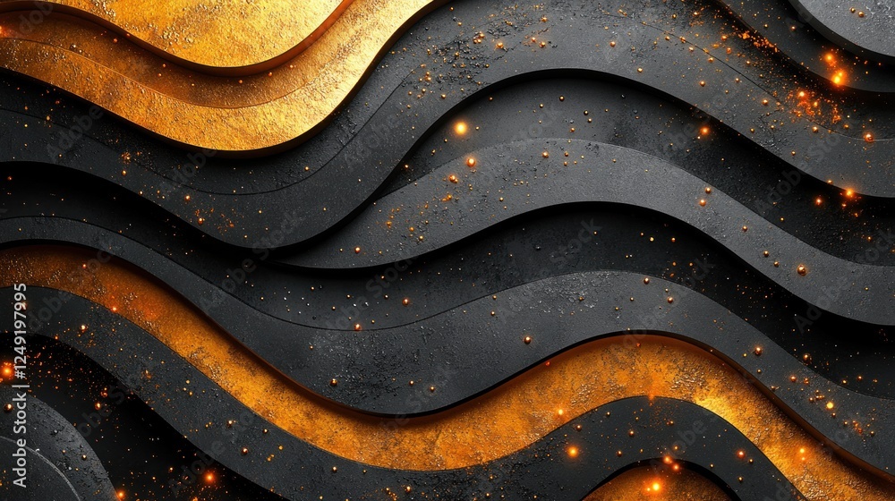 Poster abstract background with wavy black and gold metallic textures, glittering particles.