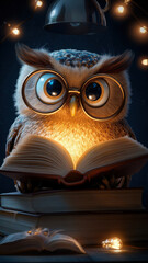 Owl wearing glasses, reading a book, humorous and cozy concept